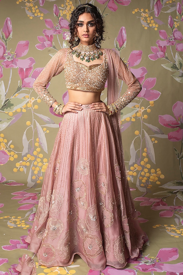 Blush Pink Floral Embroidered Lehenga Set by Show Shaa