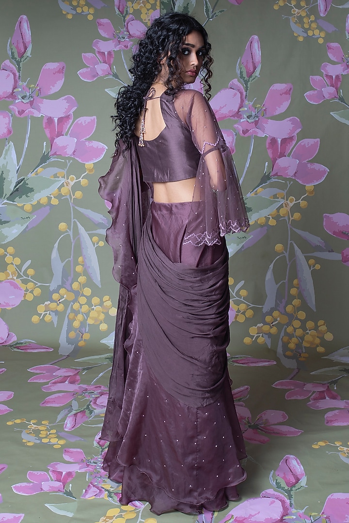 Wine Chiffon Organza Draped Wedding Saree Set by Show Shaa at Pernia's Pop Up Shop