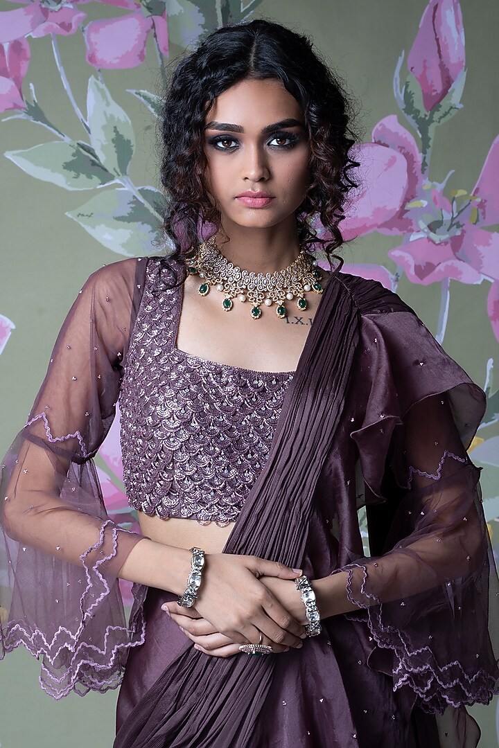 Wine Chiffon Organza Draped Wedding Saree Set by Show Shaa at Pernia's Pop Up Shop
