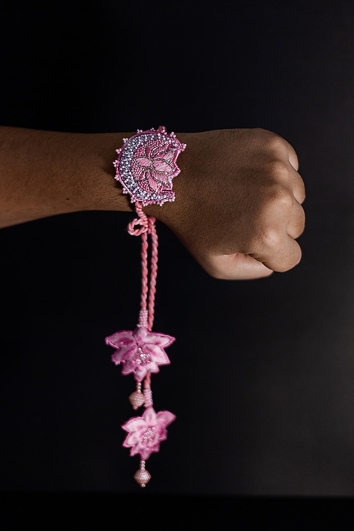 Pink Embroidered Lotus Rakhi by Show Shaa at Pernia's Pop Up Shop