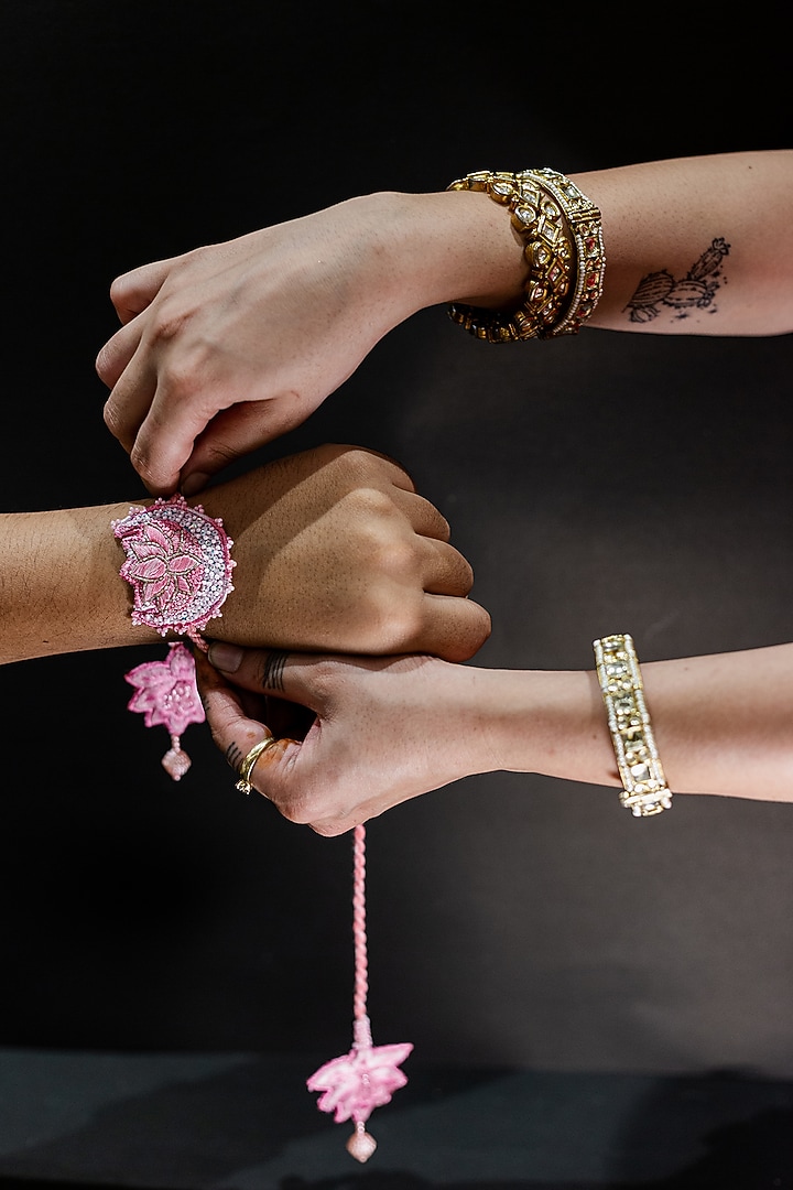 Pink Embroidered Lotus Rakhi by Show Shaa at Pernia's Pop Up Shop