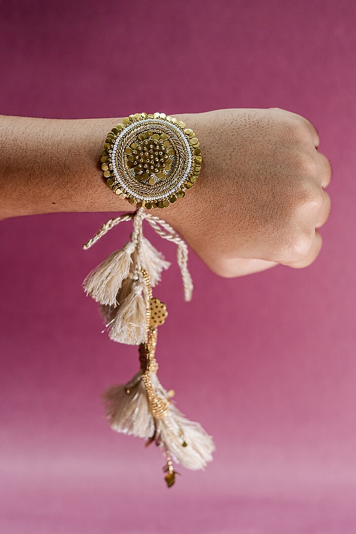 Beige & Gold Embroidered Rakhi by Show Shaa at Pernia's Pop Up Shop
