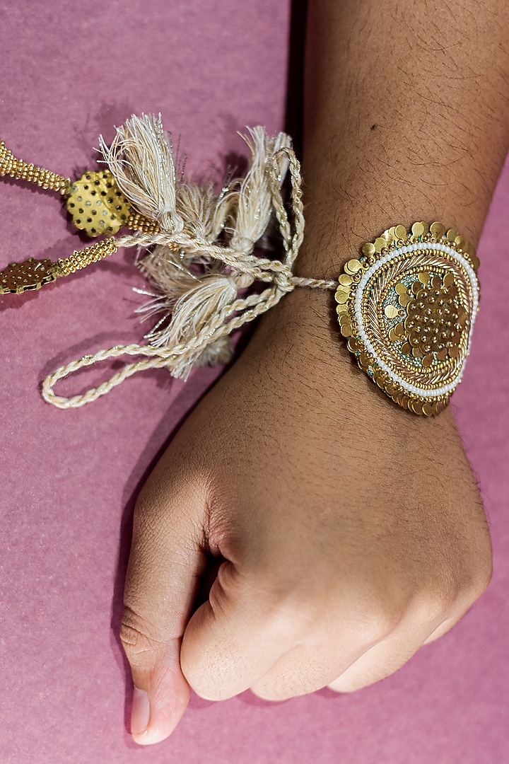 Beige & Gold Embroidered Rakhi by Show Shaa at Pernia's Pop Up Shop