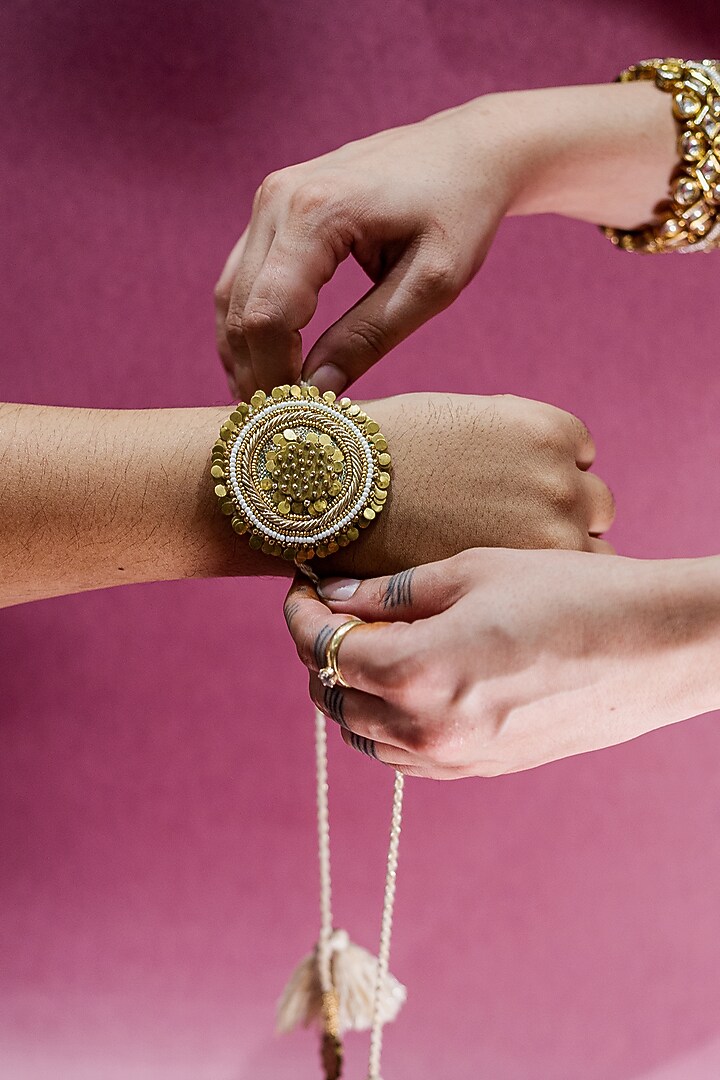 Beige & Gold Embroidered Rakhi by Show Shaa at Pernia's Pop Up Shop