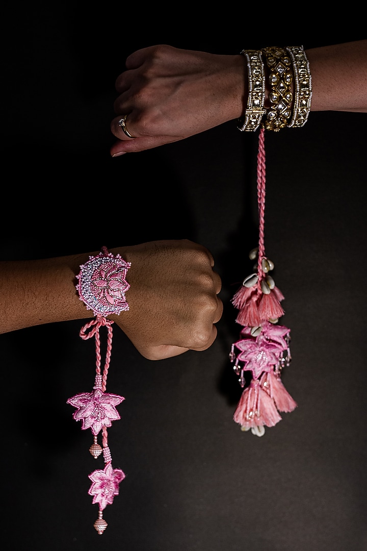 Pink Lumba Rakhi With Crystal Droplets by Show Shaa at Pernia's Pop Up Shop