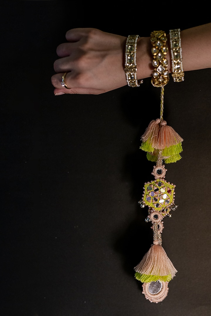 Peach & Green Embroidered Lumba Rakhi by Show Shaa at Pernia's Pop Up Shop