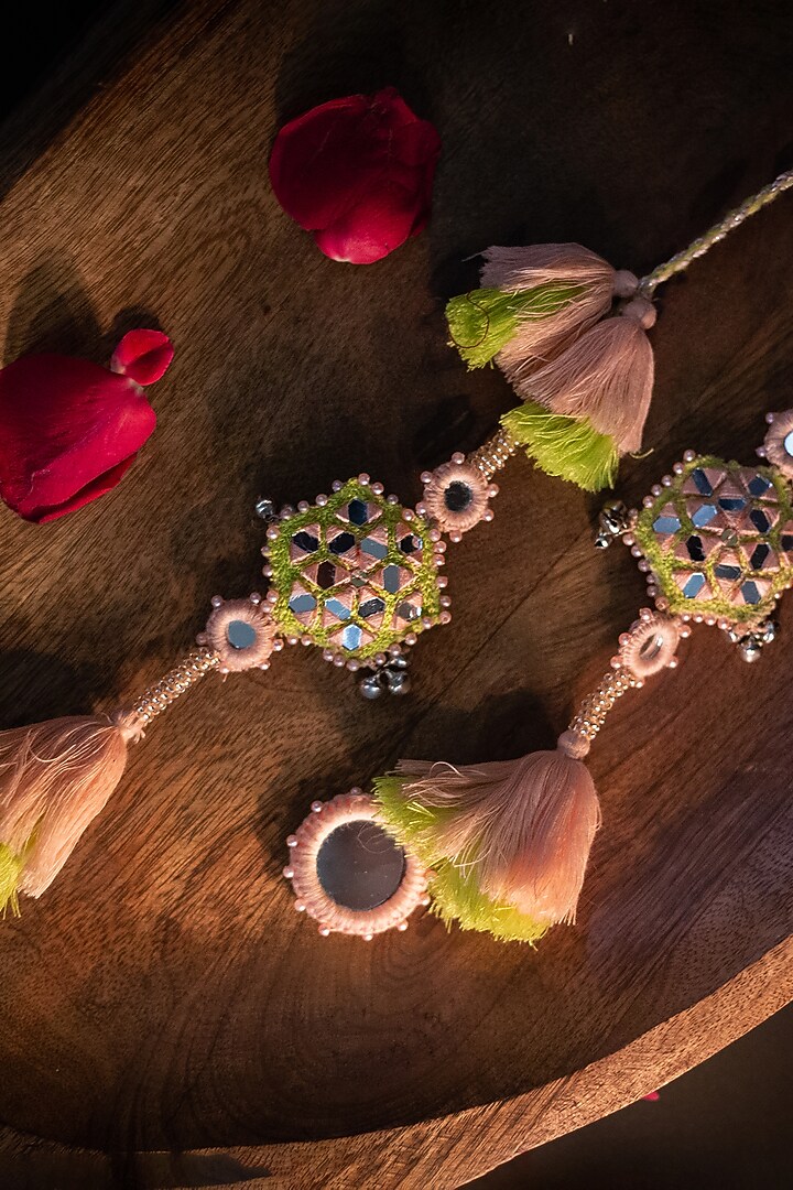 Peach & Green Embroidered Lumba Rakhi by Show Shaa at Pernia's Pop Up Shop