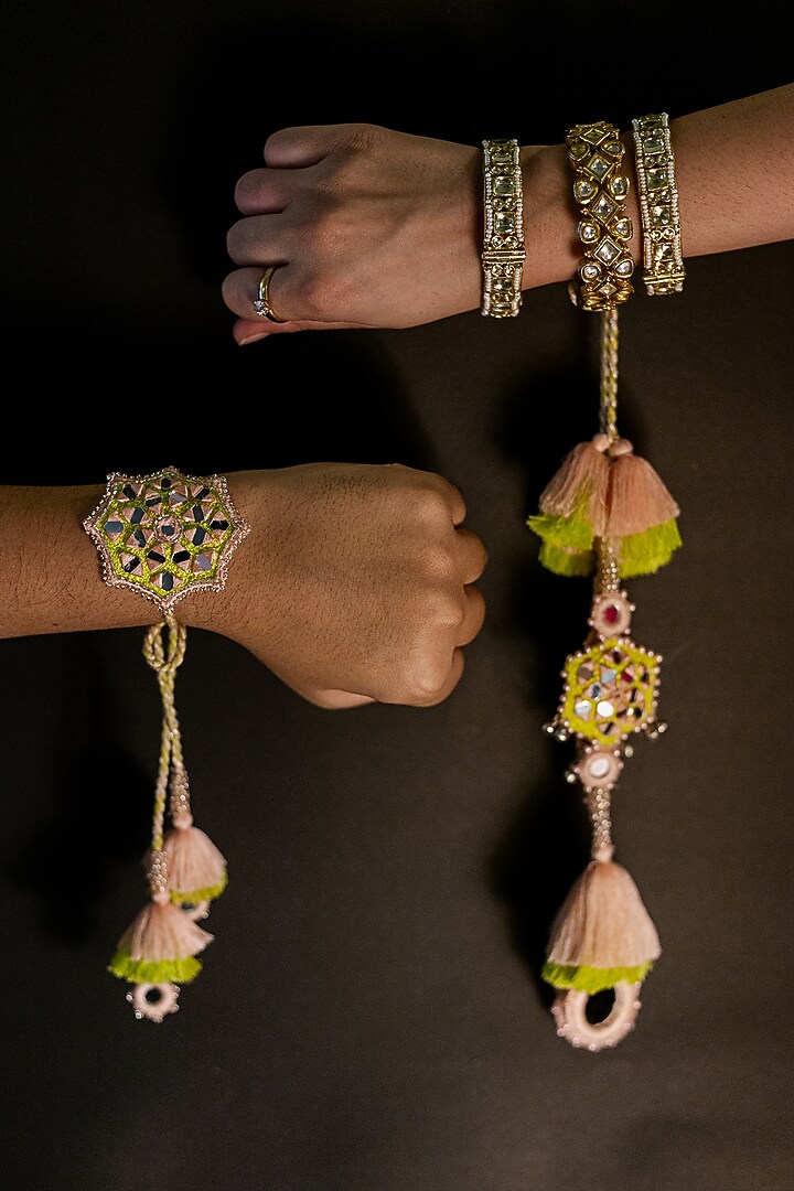 Peach & Green Embroidered Lumba Rakhi by Show Shaa at Pernia's Pop Up Shop