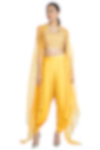 Yellow Embroidered Printed Crop Top With Dhoti Pants & Dupatta by Show Shaa