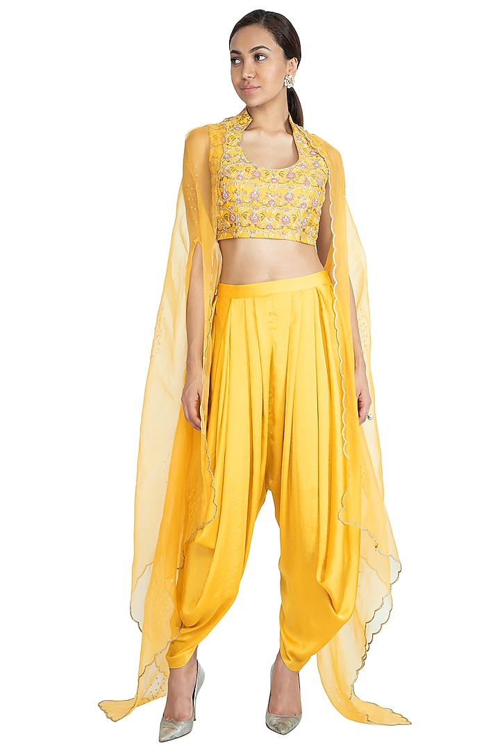 Yellow Embroidered Printed Crop Top With Dhoti Pants & Dupatta by Show Shaa
