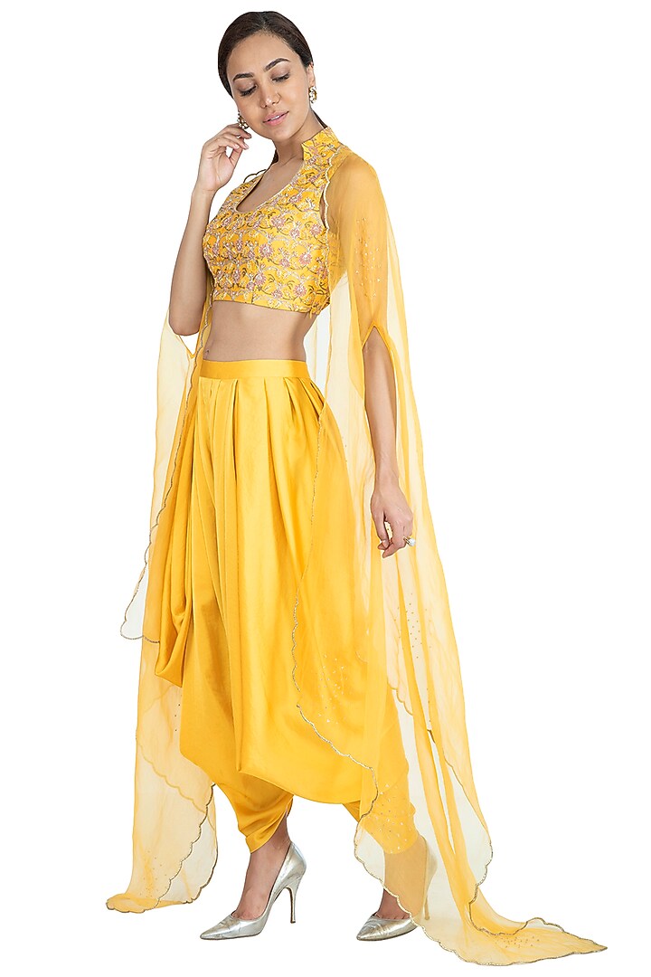 Yellow Embroidered Printed Crop Top With Dhoti Pants & Dupatta by Show Shaa at Pernia's Pop Up Shop
