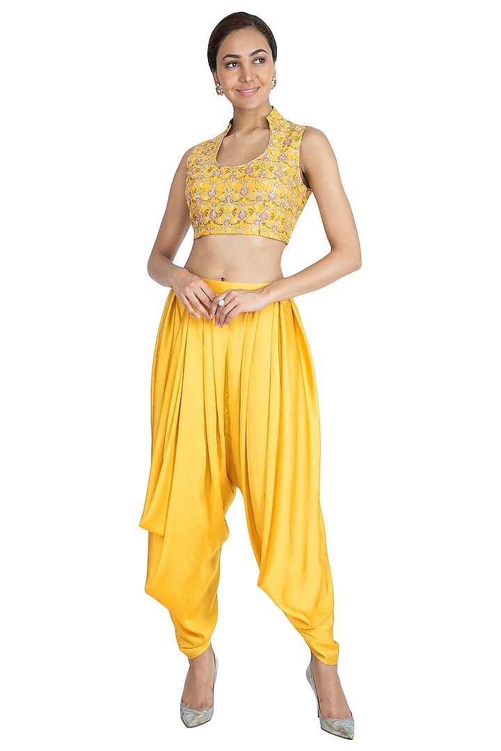 Yellow Embroidered Printed Crop Top With Dhoti Pants & Dupatta by Show Shaa at Pernia's Pop Up Shop
