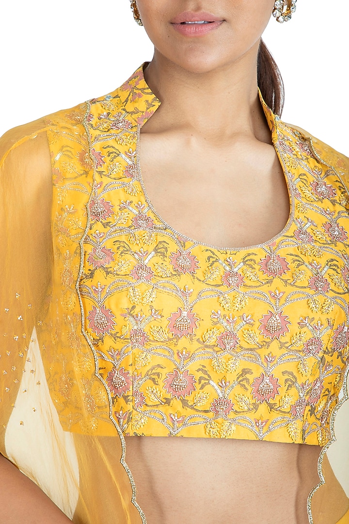 Yellow Embroidered Printed Crop Top With Dhoti Pants & Dupatta by Show Shaa at Pernia's Pop Up Shop