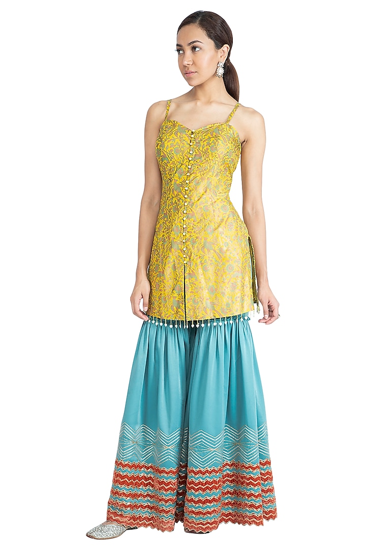 Yellow & Sea Blue Printed Embellished Gharara Set by Show Shaa