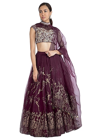 Wine Embellished Printed Lehenga Set by Show Shaa