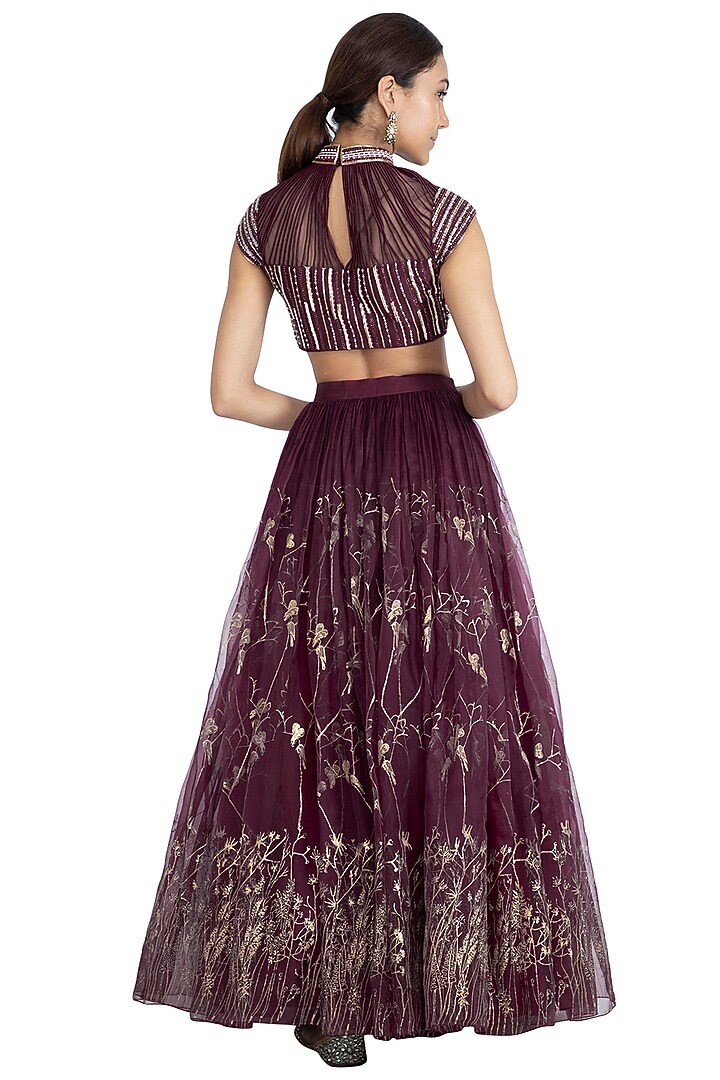 Wine Embellished Printed Wedding Lehenga Set by Show Shaa at Pernia's Pop Up Shop