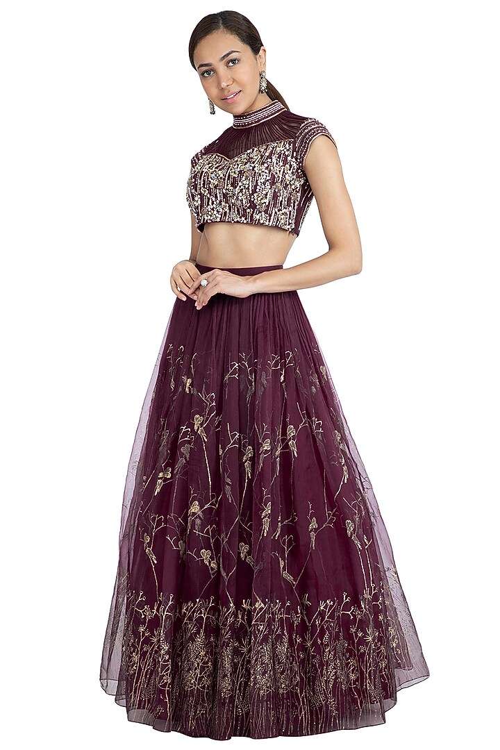 Wine Embellished Printed Wedding Lehenga Set by Show Shaa at Pernia's Pop Up Shop