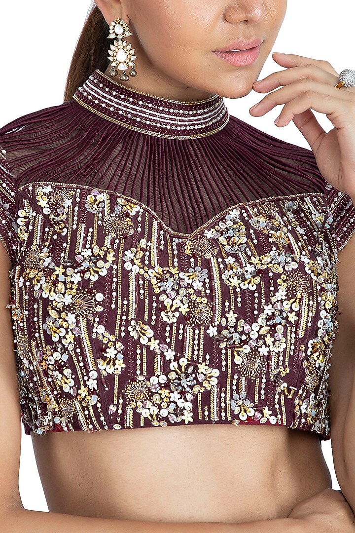 Wine Embellished Printed Wedding Lehenga Set by Show Shaa at Pernia's Pop Up Shop