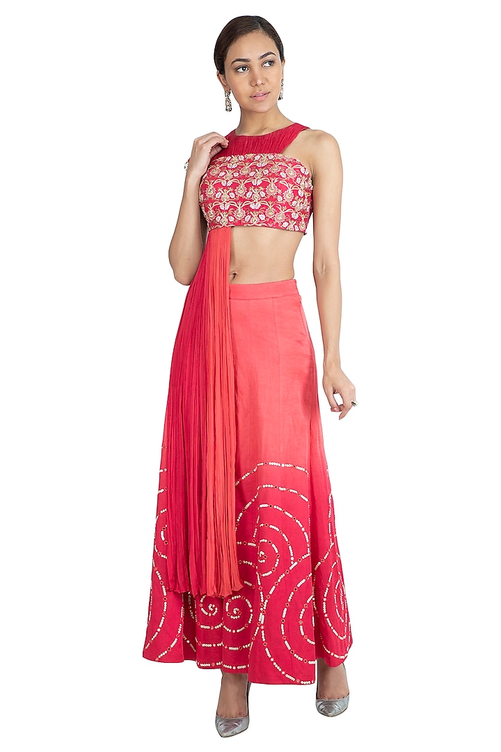Pink Printed Embroidered Crop Top With Sharara Pants by Show Shaa