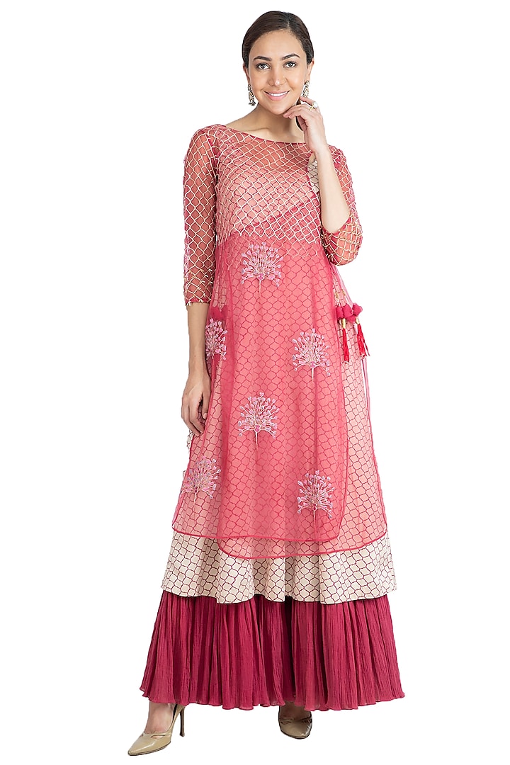 Berry Pink Embroidered Printed Anarkali Kurta With Pants by Show Shaa