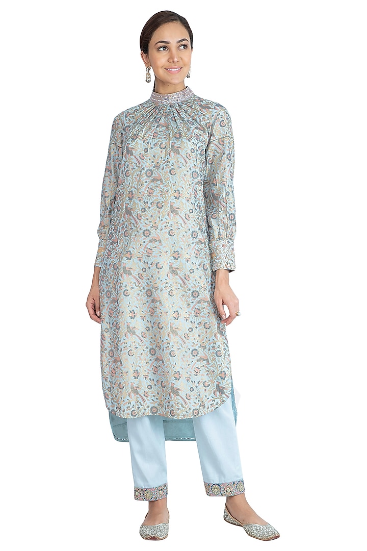 Ice Blue Block Printed Kurta With Embroidered Pants by Show Shaa