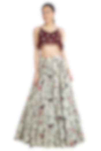 Ivory Printed Skirt With Wine Embroidered Blouse by Show Shaa