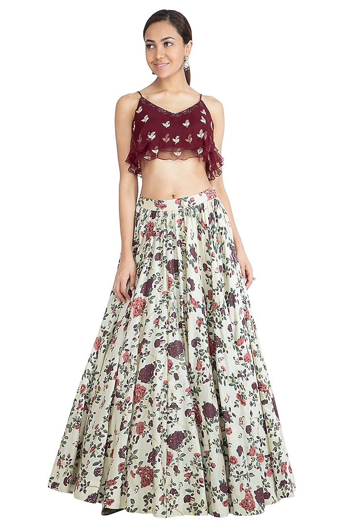 Ivory Printed Skirt With Wine Embroidered Blouse by Show Shaa