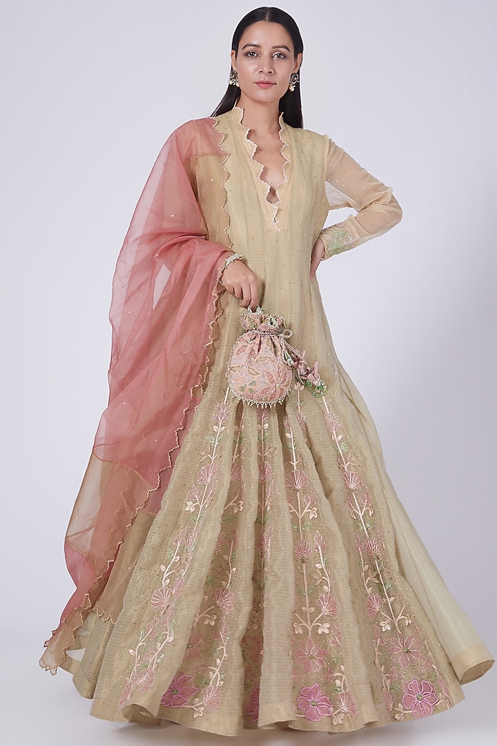 Gold Kota Silk Wedding Anarkali Set by Show Shaa at Pernia's Pop Up Shop