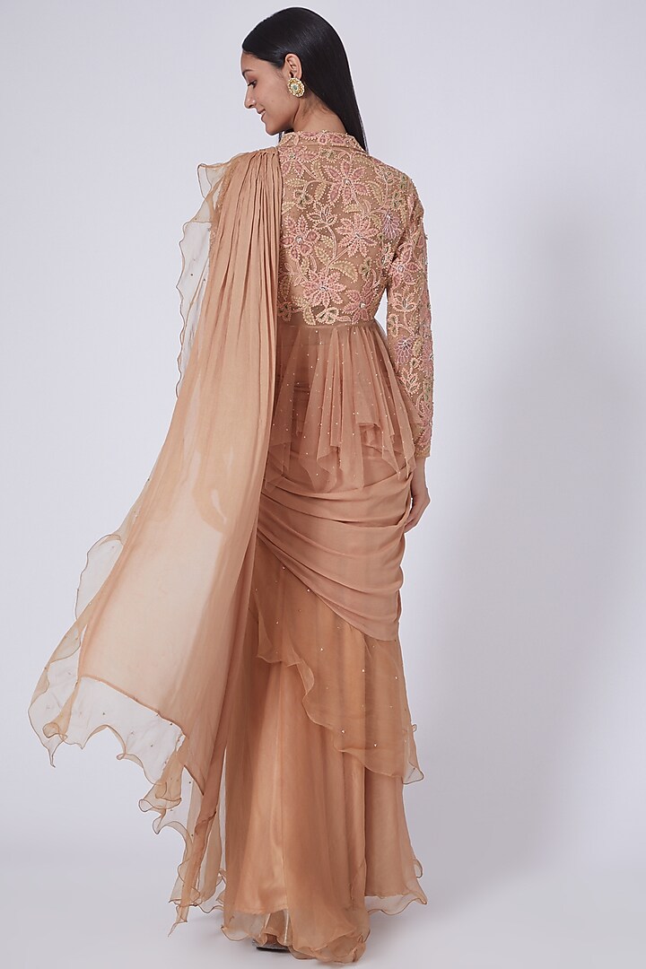 Gold Chiffon & Net Draped Wedding Saree Set by Show Shaa at Pernia's Pop Up Shop