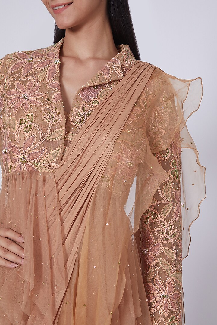 Gold Chiffon & Net Draped Wedding Saree Set by Show Shaa at Pernia's Pop Up Shop