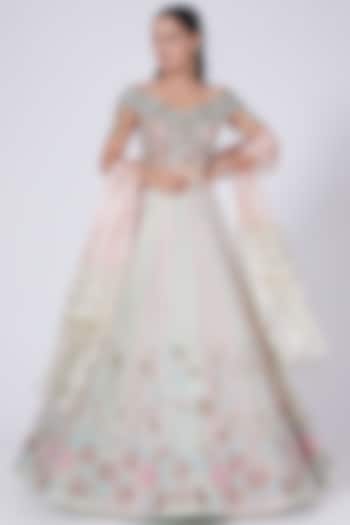 Mint Green & Blush Pink Floral Embroidered Wedding Lehenga Set by Show Shaa at Pernia's Pop Up Shop