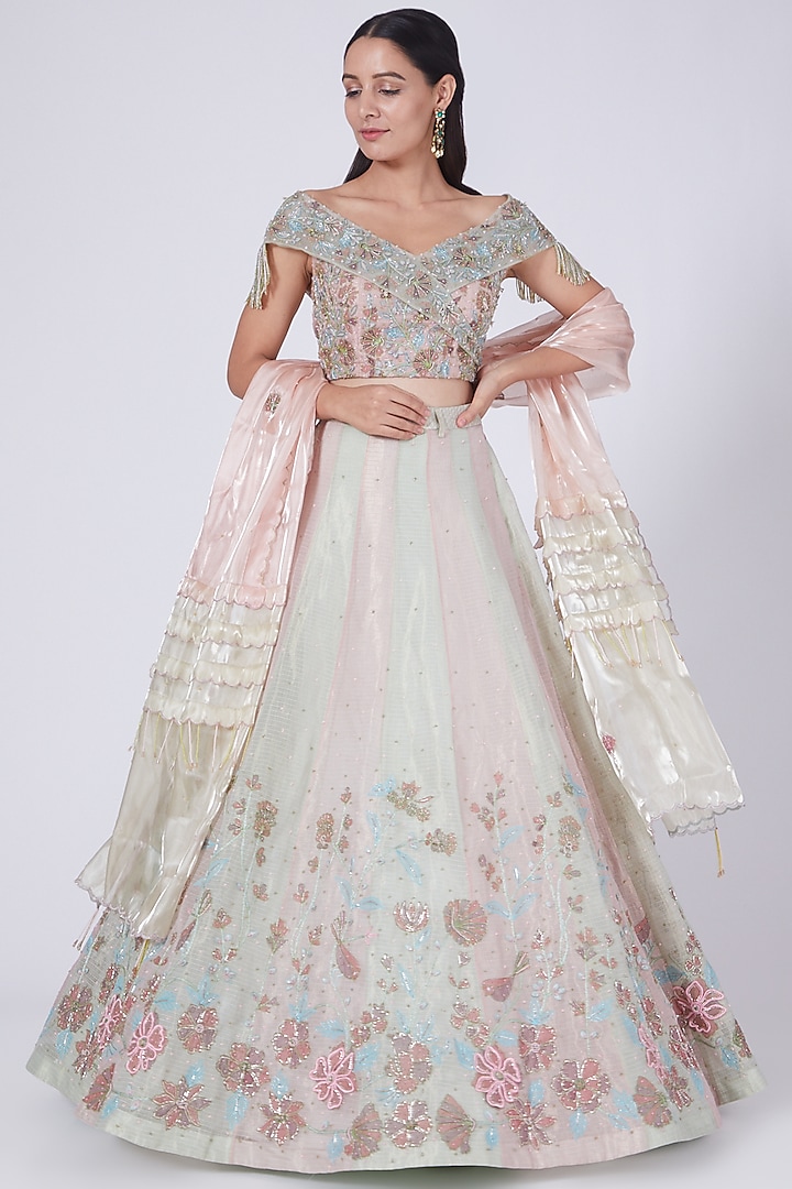 Mint Green & Blush Pink Floral Embroidered Wedding Lehenga Set by Show Shaa at Pernia's Pop Up Shop