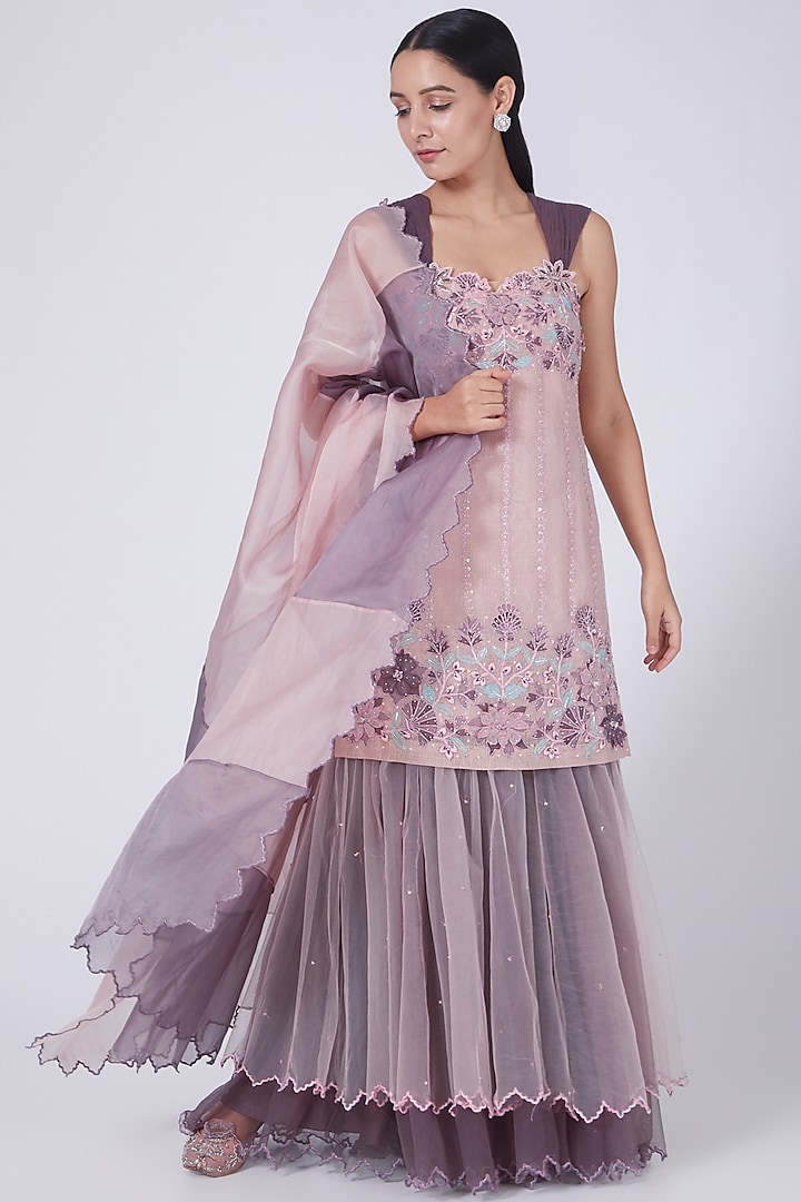 Wine & Blush Pink Tulle Zardosi Floral Embroidered Gharara Set by Show Shaa