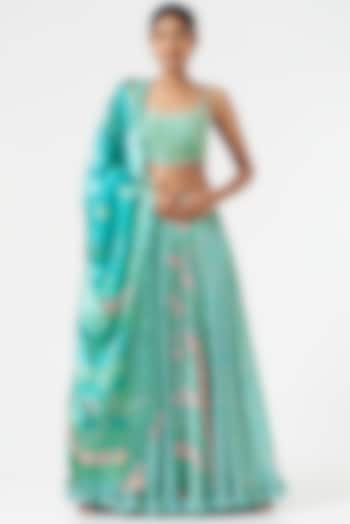 Turquoise Printed Wedding Lehenga Set by Show Shaa at Pernia's Pop Up Shop