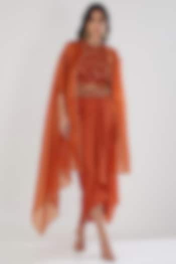 Tangerine Organza Crepe Satin & Organza Embroidered Cape Set by Show Shaa