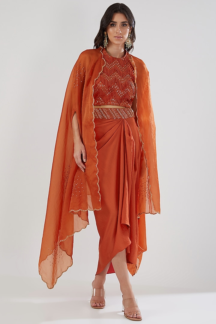Tangerine Organza Crepe Satin & Organza Embroidered Cape Set by Show Shaa