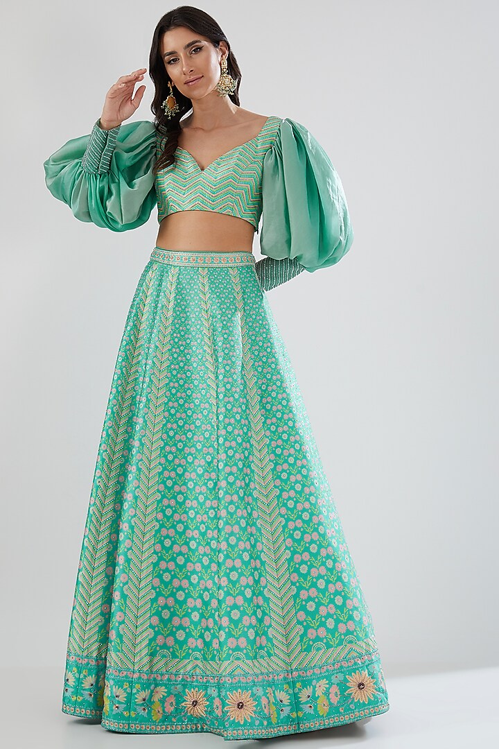Aqua Dupion Silk & Organza Printed Skirt Set by Show Shaa