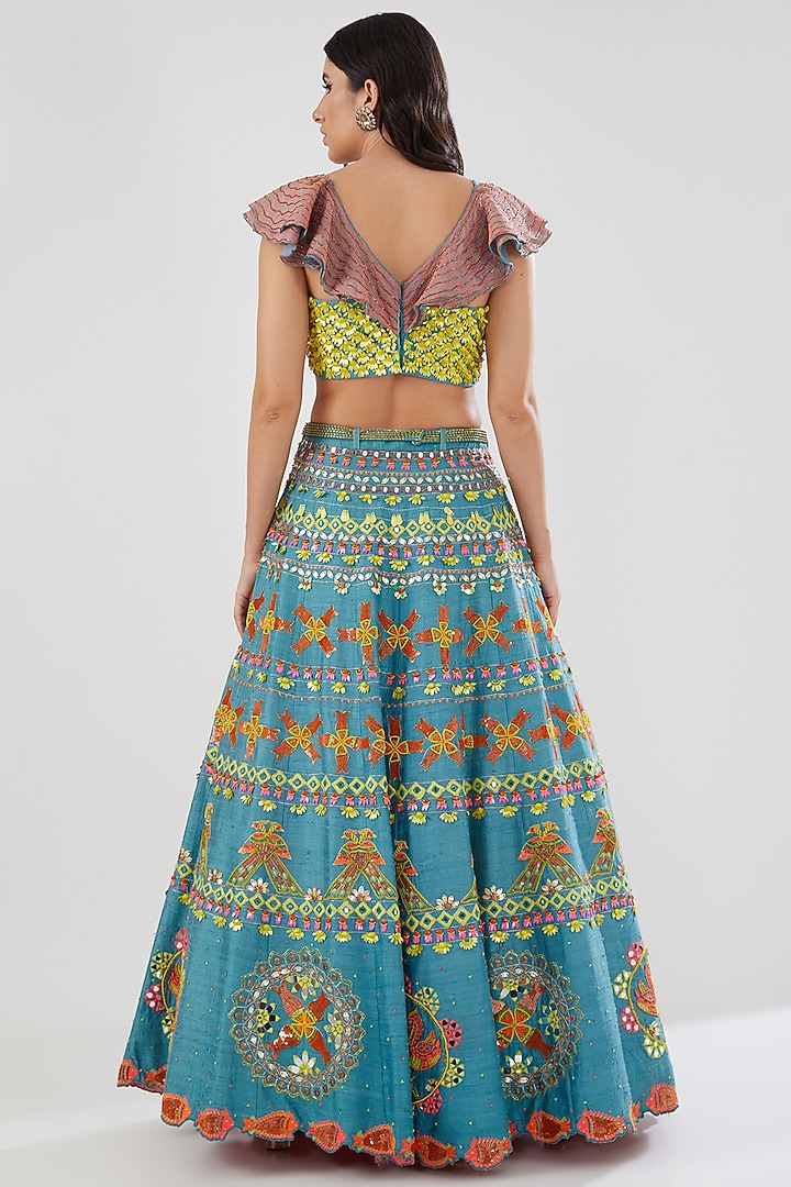 Turquoise Raw Silk Embroidered Skirt Set by Show Shaa at Pernia's Pop Up Shop