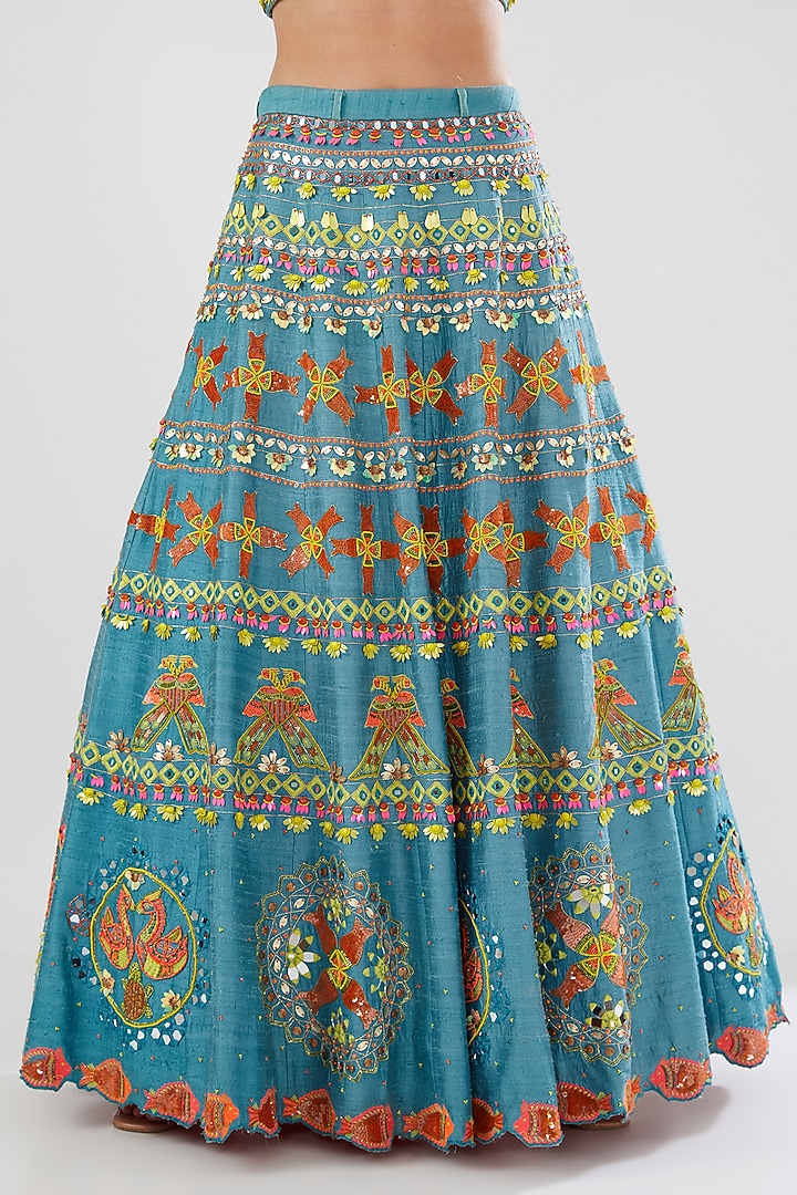 Turquoise Raw Silk Embroidered Skirt Set by Show Shaa at Pernia's Pop Up Shop