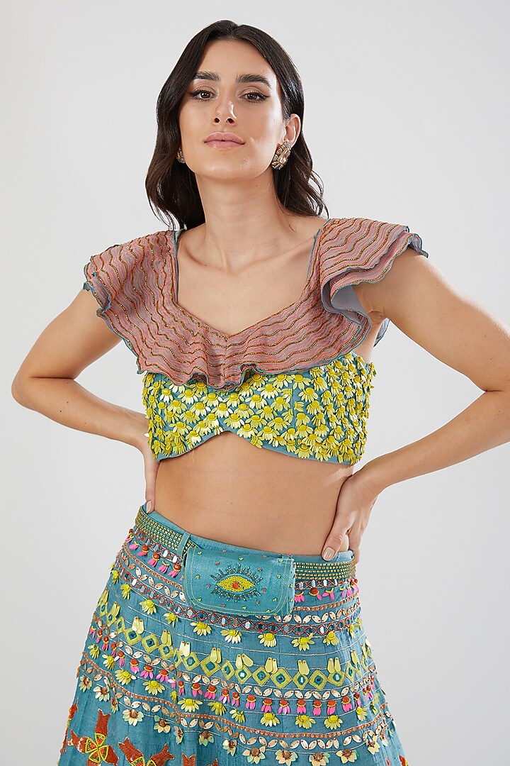 Turquoise Raw Silk Embroidered Skirt Set by Show Shaa at Pernia's Pop Up Shop