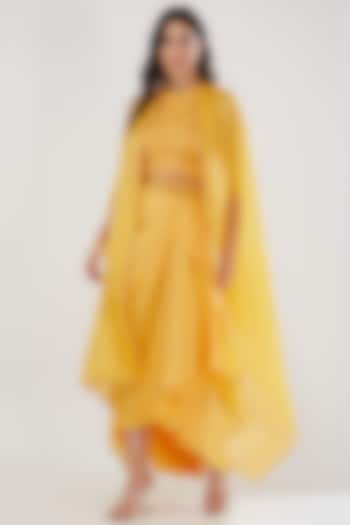 Chrome Yellow Crepe Satin Draped Skirt Set by Show Shaa at Pernia's Pop Up Shop