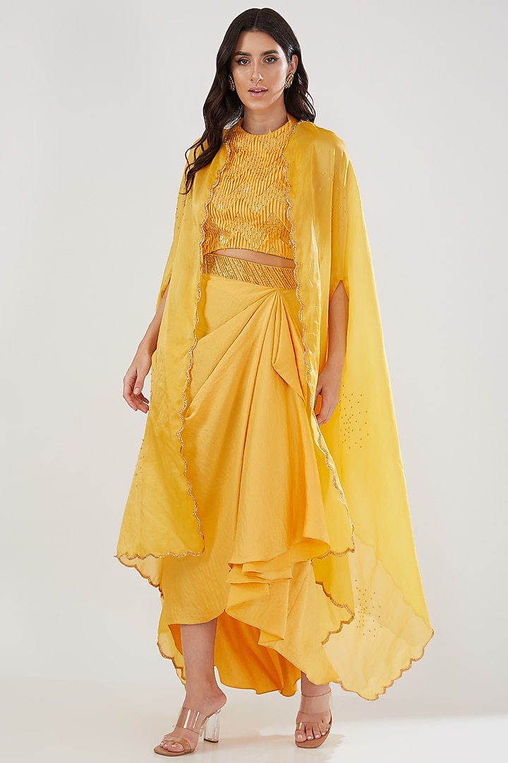Chrome Yellow Crepe Satin Draped Skirt Set by Show Shaa at Pernia's Pop Up Shop