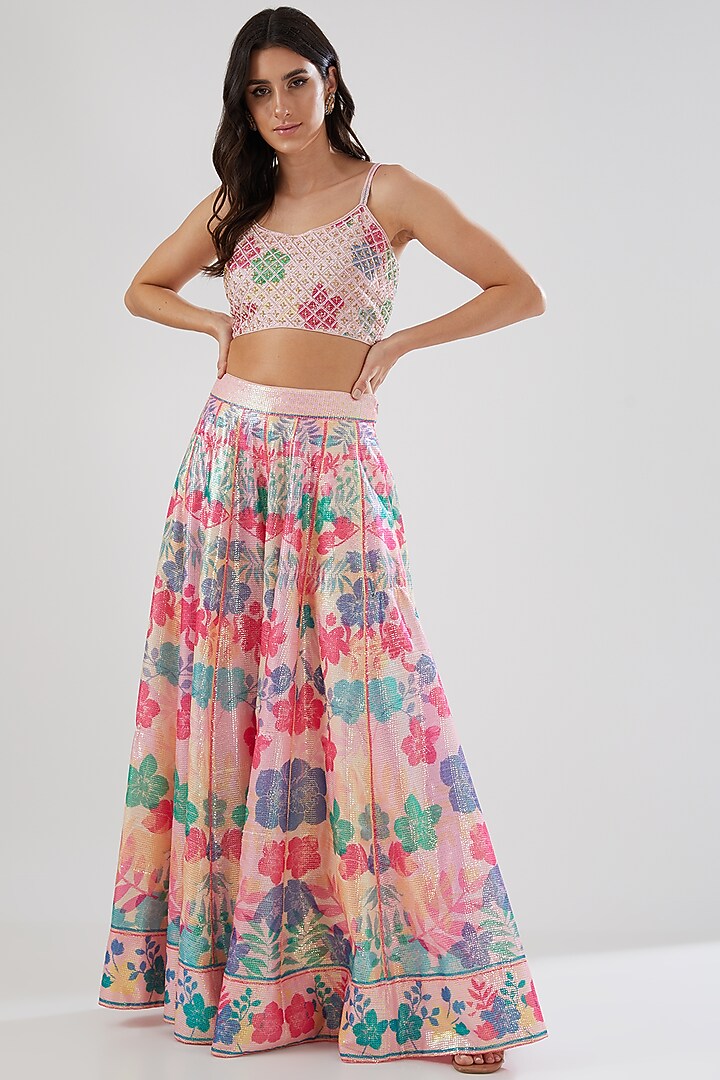 Peach Sequins Printed Wedding Sharara Set by Show Shaa at Pernia's Pop Up Shop