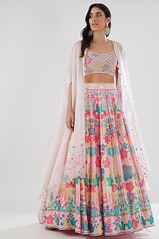 Peach Rose Sequins Printed Lehenga Set by Show Shaa