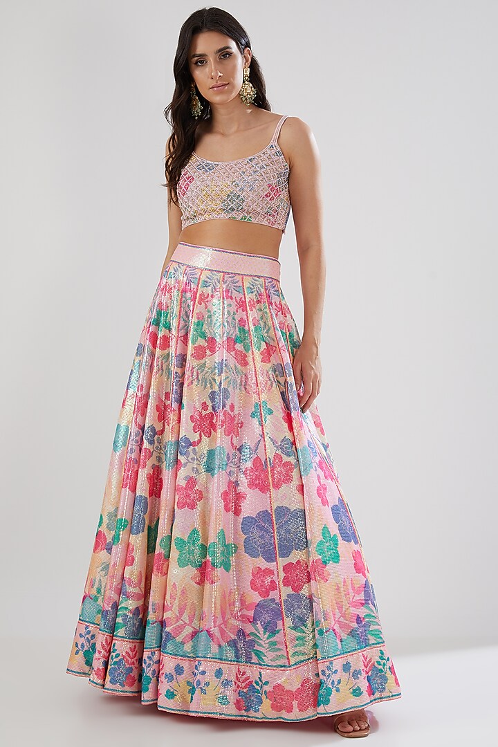 Peach Rose Sequins Printed Wedding Lehenga Set by Show Shaa at Pernia's Pop Up Shop