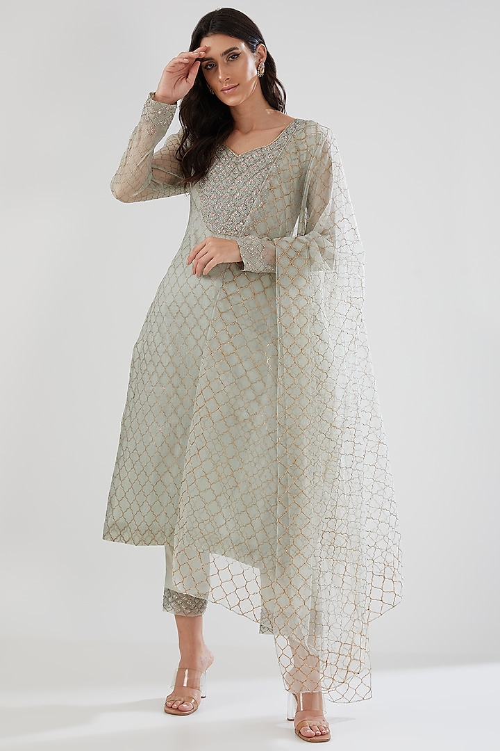 Mint Crushed Organza Block Printed & Hand Embroidered Kurta Set by Show Shaa