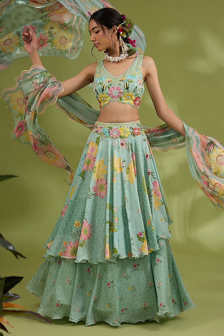 Green Satin Floral Printed & Hand Embroidered Wedding Lehenga Set by Show Shaa at Pernia's Pop Up Shop