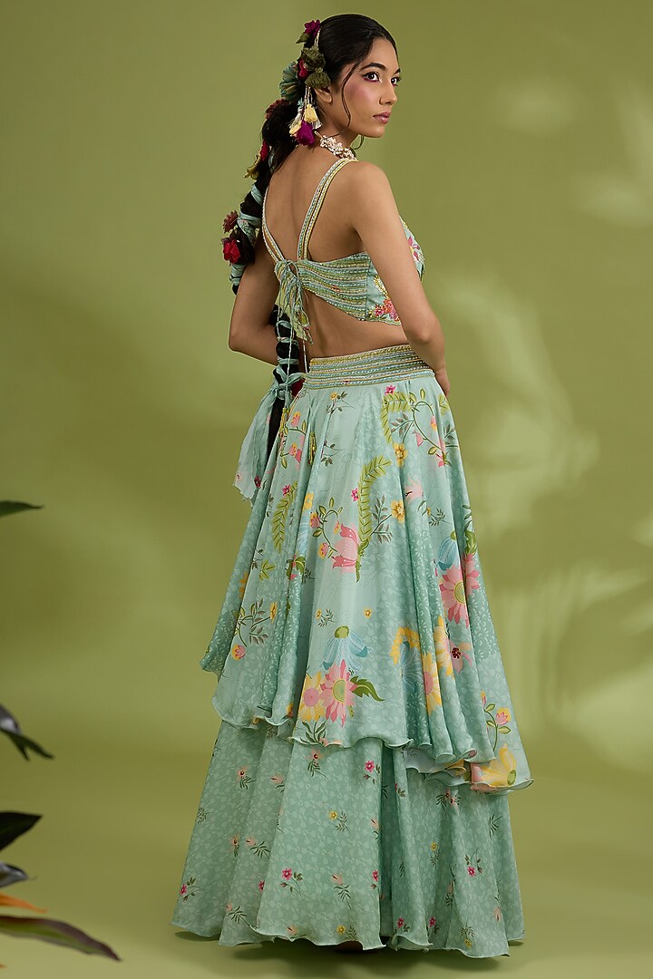 Green Satin Floral Printed & Hand Embroidered Wedding Lehenga Set by Show Shaa at Pernia's Pop Up Shop