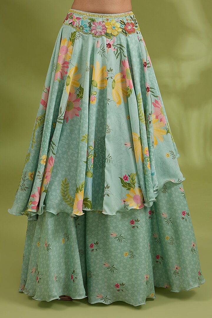 Green Satin Floral Printed & Hand Embroidered Wedding Lehenga Set by Show Shaa at Pernia's Pop Up Shop