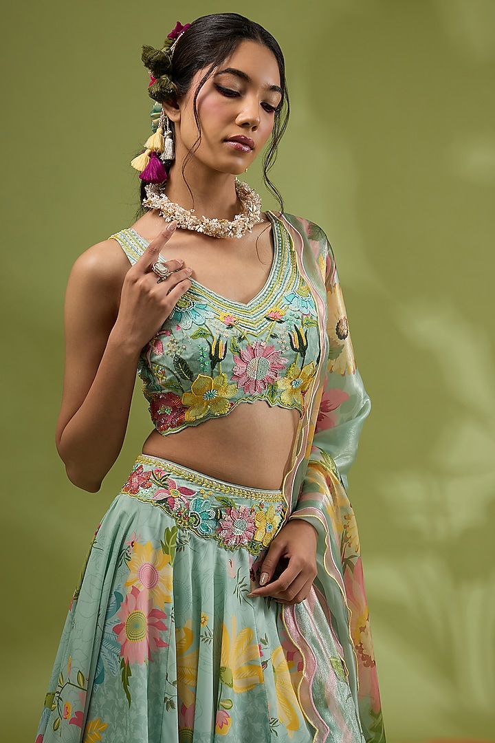 Green Satin Floral Printed & Hand Embroidered Wedding Lehenga Set by Show Shaa at Pernia's Pop Up Shop